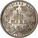 Germany: Empire 1906-A Half Mark KM#17 AU