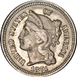 1874 Three (3) Cent Nickel Choice BU Superb Eye Appeal Nice Strike