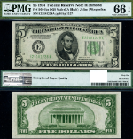 FR. 1956 EM $5 1934 Federal Reserve Note Mule Richmond E-A Block Gem PMG CU66 EPQ