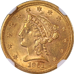 1861-P Type 2 Liberty Gold $2.50 NGC MS62 Superb Eye Appeal Strong Strike