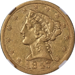 1847-P Over '7' Liberty Gold $5 NGC AU53 Nice Eye Appeal Nice Strike