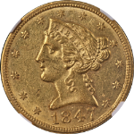 1847-P Over '7' Liberty Gold $5 NGC AU58 Great Eye Appeal Strong Strike
