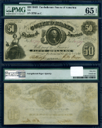 FR. T 8 $50 1861 Confederate Note Gem PMG CU65 EPQ