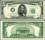 FR. 1964 D $5 1950-C Federal Reserve Note Philadelphia C-B Block Gem CU