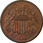 1864 Two (2) Cent Piece Large Motto Repunched Date Nice BU Great Eye Appeal