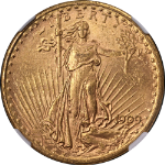 1909-S Saint-Gaudens Gold $20 NGC MS62 Great Eye Appeal Strong Strike