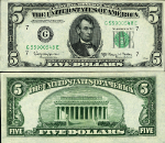 FR. 1966 G $5 1950-E Federal Reserve Note Chicago G-E Block AU+