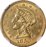 1850-P Liberty Gold $2.50 NGC MS61 Nice Eye Appeal Strong Strike