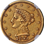 1845-P Liberty Gold $2.50 NGC AU53 Nice Eye Appeal Strong Strike