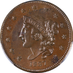 1837 Large Cent &#39;Plain Cords&#39; Medium Letters PCGS Unc Details N.8 R.1