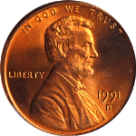 1991-D Lincoln Cent PCGS MS67RD