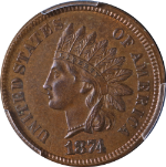 1874 Indian Cent PCGS AU58 Nice Eye Appeal Strong Strike