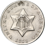 1851 Three (3) Cent Silver - Mark 12 O'Clock