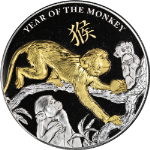 2016 Niue 5 Ounce Silver Proof $8 Year of the Monkey Gold-Gilded High Relief OGP