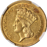 1854-O Indian Princess Gold $3 NGC AU55 Key Date Nice Eye Appeal Strong Strike