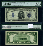 FR. 1654 Wii $5 1934-D Silver Certificate V-A Block Wide II PMG AU53 EPQ