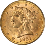 1881 Liberty Gold $5 Repunched Date ANACS MS63 Great Eye Appeal Strong Strike