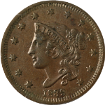 1839 Large Cent Head of &#39;38 ANACS AU50 N.2 R.2 Superb Eye Appeal Strong Strike