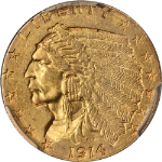1914-D Indian Gold $2.50 PCGS MS62 Great Eye Appeal Strong Strike