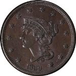 1839 Large Cent Head of &#39;40 Nice AU N.8 R.1 Great Eye Appeal Strong Strike
