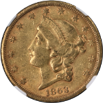 1863-S Liberty Gold $20 CAC Sticker NGC AU50 Granite Lady Hoard Nice Eye Appeal