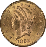 1882-S Liberty Gold $20 NGC MS62 Great Eye Appeal Strong Strike