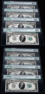 FR. 2001 D $10 1928-A Federal Reserve Note 8 Note Lot Consec Run PMG CU 63-64